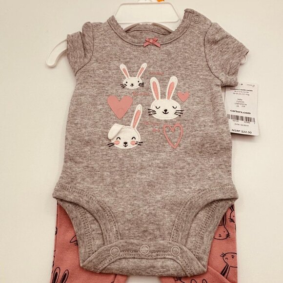 Carter’s Baby Girl 2-Piece Bunny Bodysuit & Ruffle Pants Set Pink Grey Newborn - Picture 1 of 7